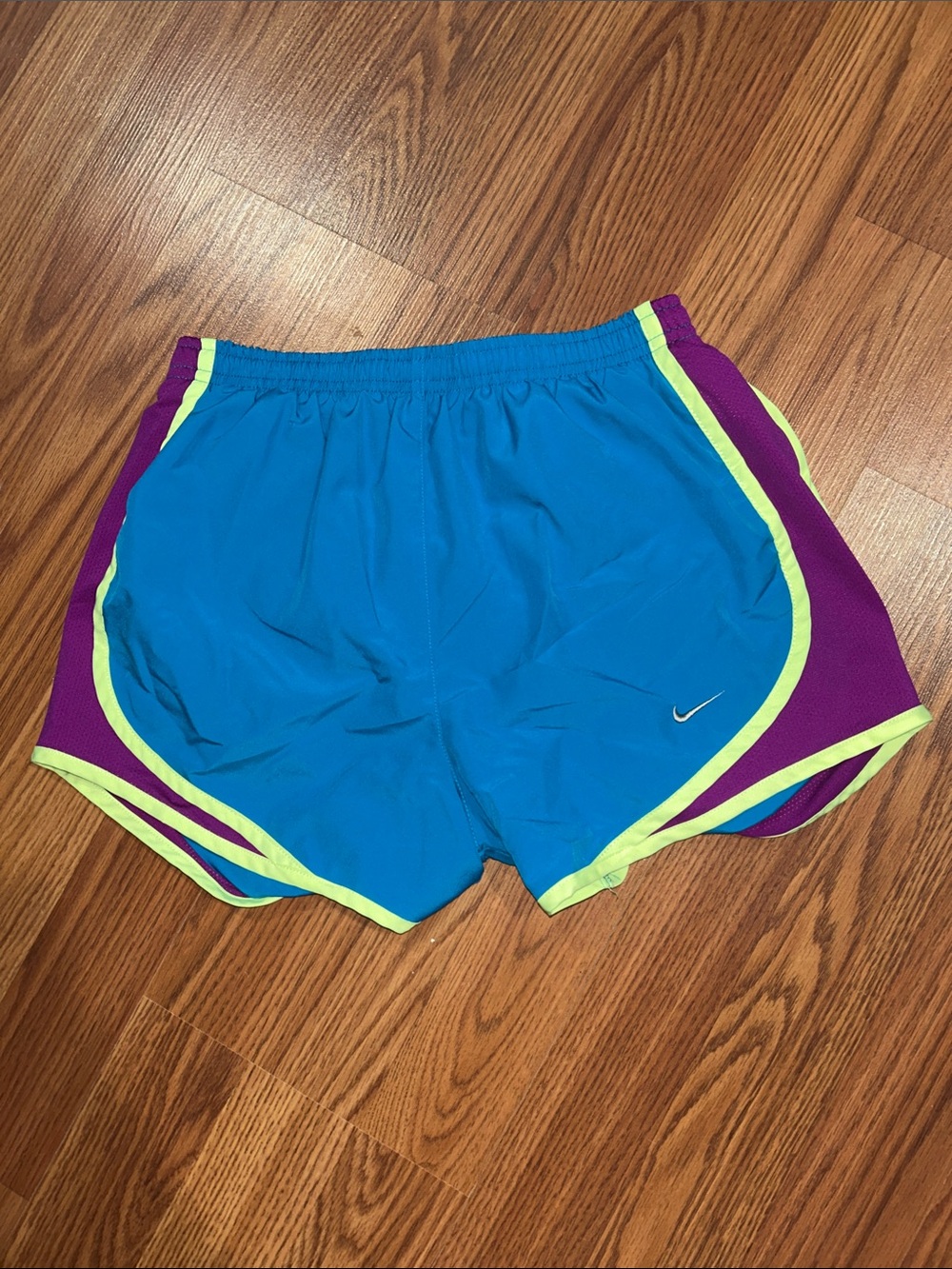 Nike Turquoise Running Shorts with Purple Panels and Neon Yellow Trim, XS